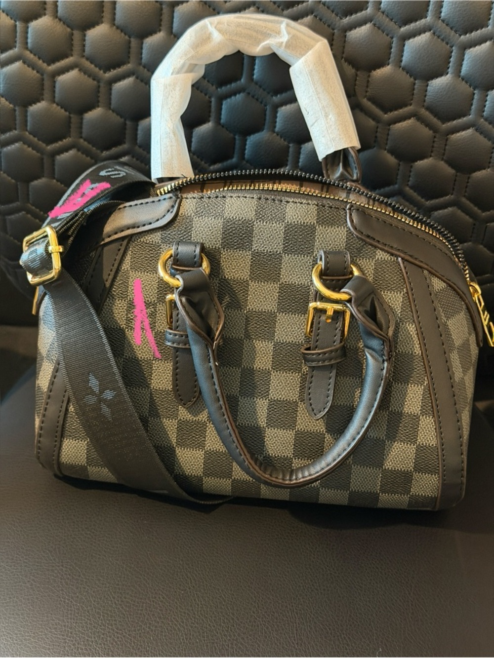 Black Check Satchel with Pink Accent